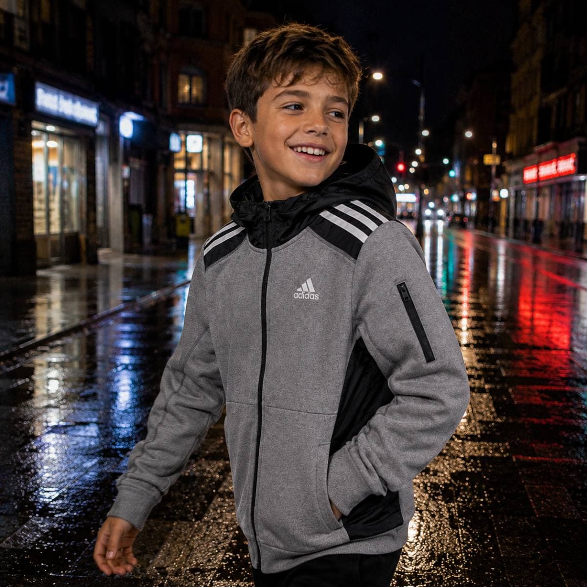 Chaqueta Adidas Hombre Gris con Capucha 3 Bandas