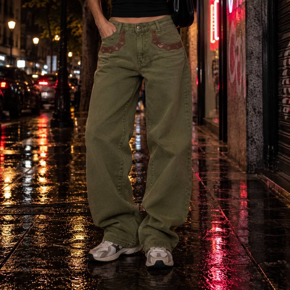 Pantalón vaquero verde caqui ancho, talla 38