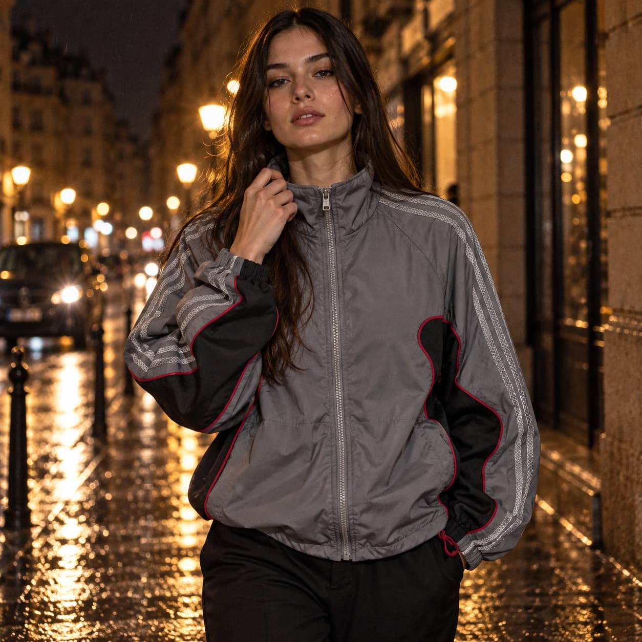Chaqueta deportiva Adidas gris con ribetes rojos talla L
