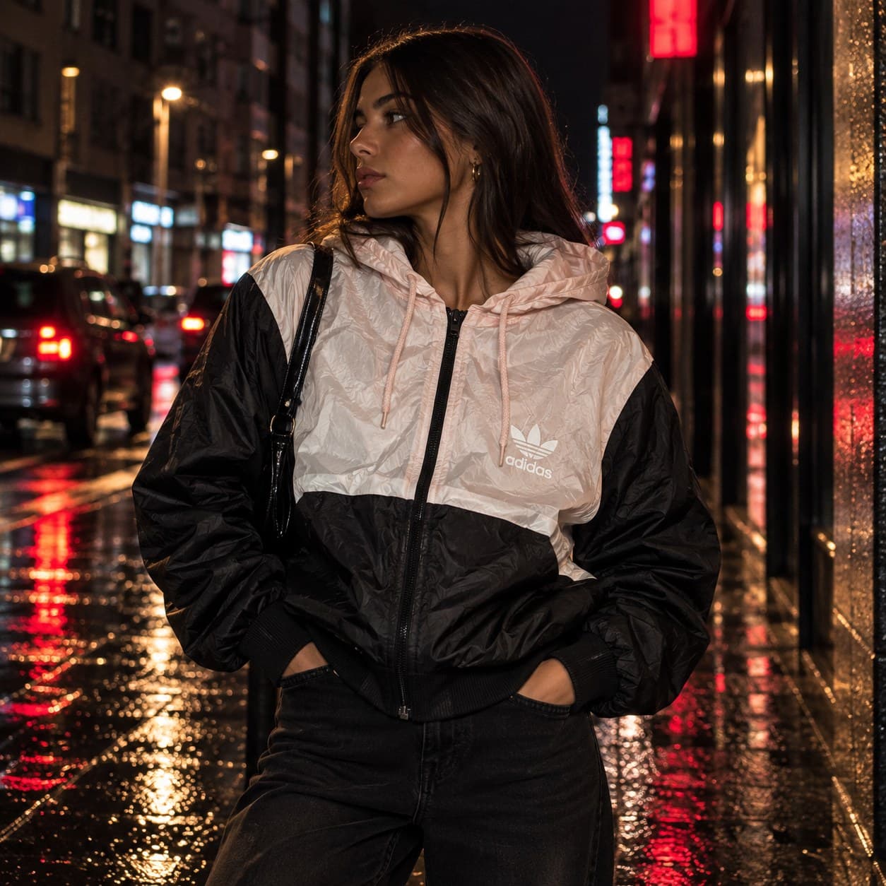 Chaqueta Adidas Originals rosa y negra con capucha, talla S