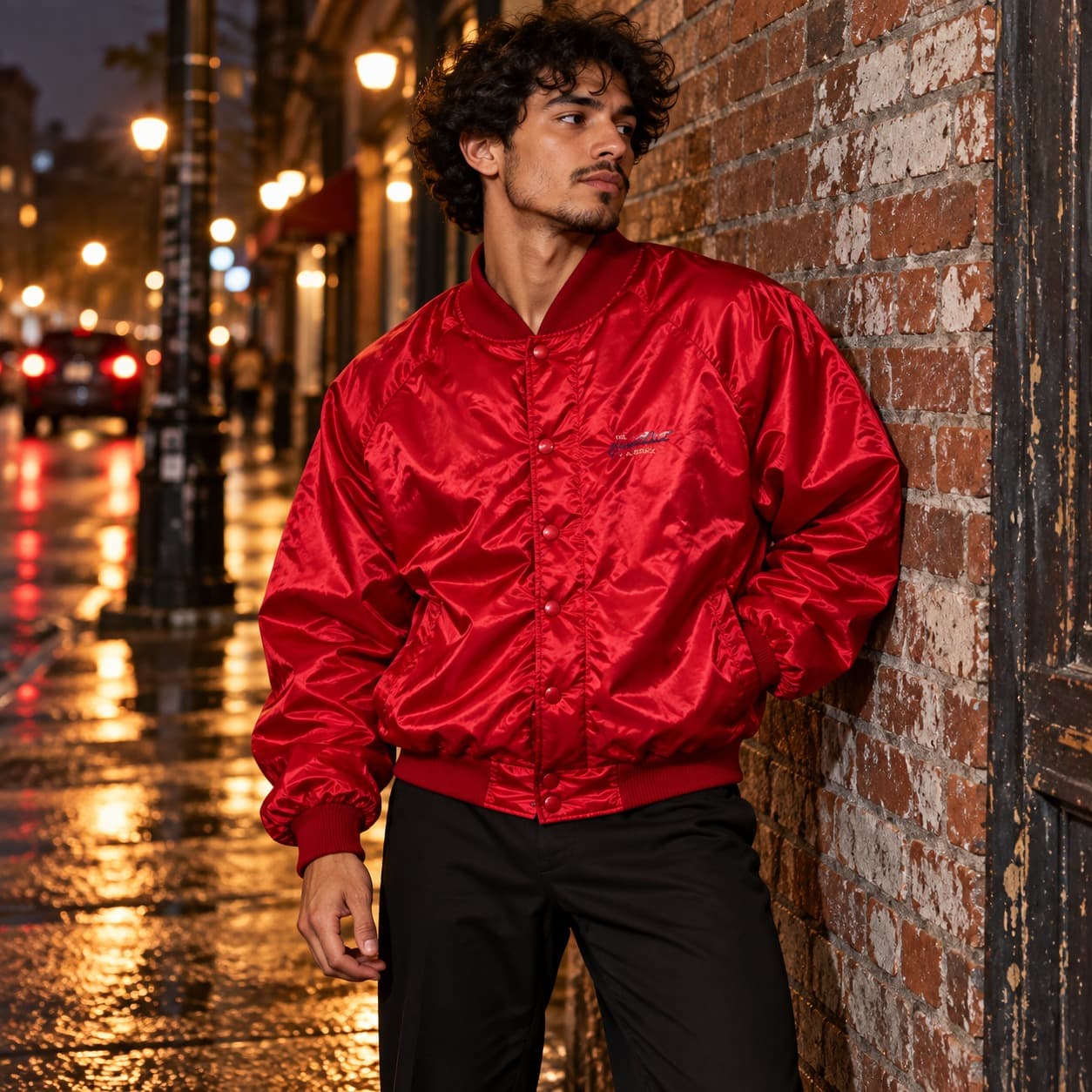 Chaqueta bomber roja satinada con bordado frontal estilo college
