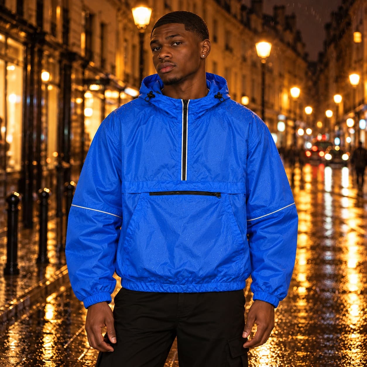 Cortavientos azul eléctrico con capucha, talla L